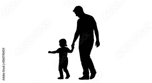 Silhouette of Father and Child Walking Together Holding Hands Side View