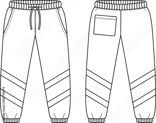 Jogger pants flat vector illustration, front and back view sweatpants, elastic waistband sportswear trousers CAD drawing technical apparel design outline