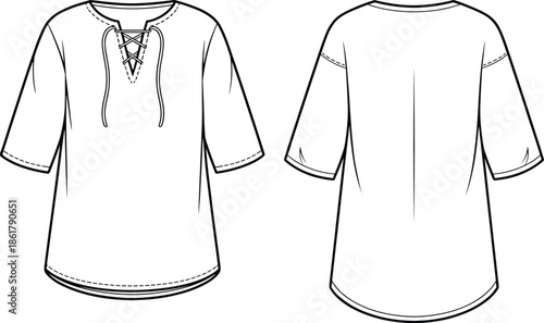 Lace up tunic dress technical flat vector illustration front and back view cad drawing apparel design template fashion garment specification