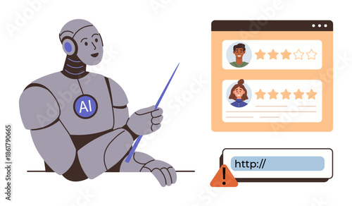 AI robot with pointer, customer review ratings on screen, and highlighted URL with warning sign. Ideal for technology, artificial intelligence, online security, machine learning, customer feedback