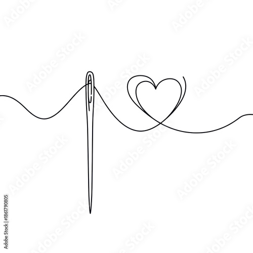 Minimalist black line vector of a sewing needle and thread creating a heart shape against a white background. Concept of handmade love and tailoring