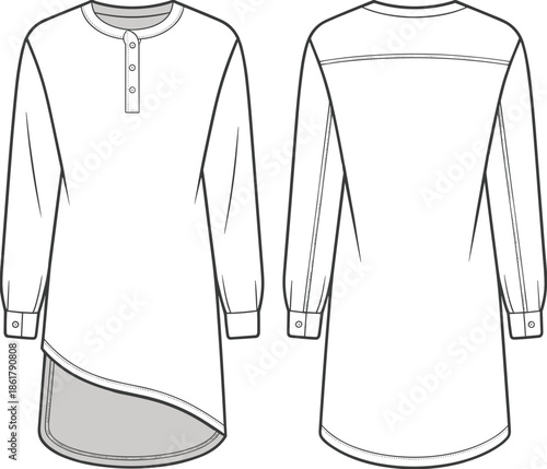 Long sleeve men kurta technical flat vector illustration, front back view asymmetric hem ethnic apparel CAD drawing fashion template