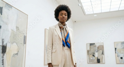 Posing Woman in Gallery, Chic Fashion, Artful Confidence