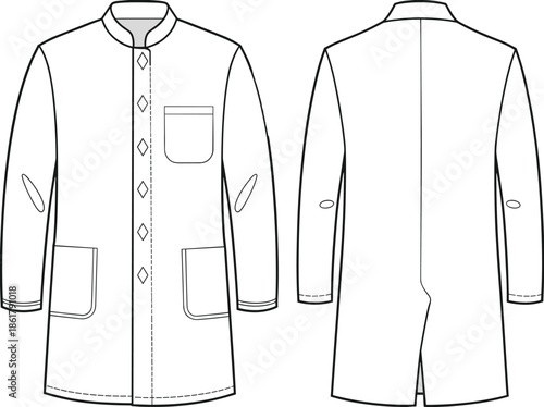 Long sleeve traditional men coat technical flat vector illustration, front back view mandarin collar apparel CAD drawing fashion design template