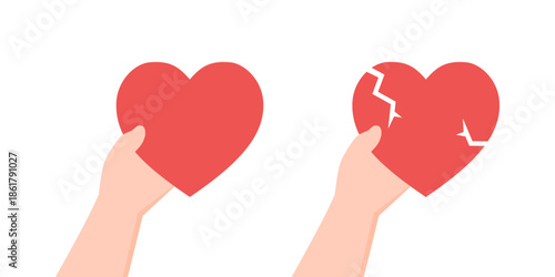 Hand holding broken red heart. Relationship, dating, romance, feeling concepts. Flat vector design isolated illustration.