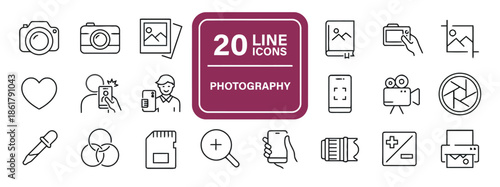 Photography vector icons set in line style