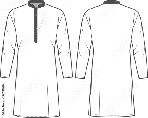 Long sleeve traditional men kurta technical flat vector illustration, front back view, mandarin collar ethnic apparel CAD drawing