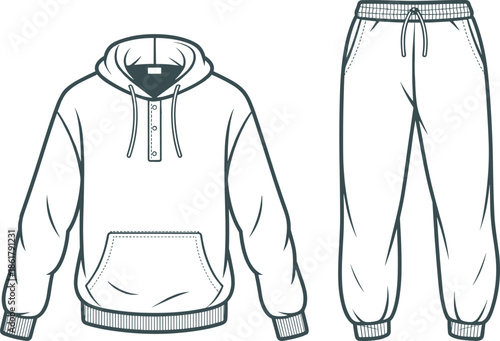 Men hooded sweatshirt and jogger pants technical flat vector illustration, front view apparel CAD drawing, casual streetwear tracksuit set