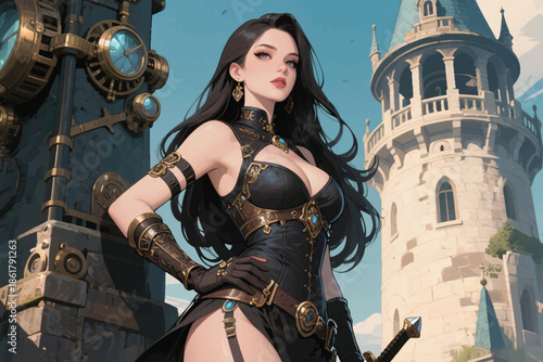 Fantasy warrior woman with crown and ornate armor standing before a clock tower in steampunk setting.