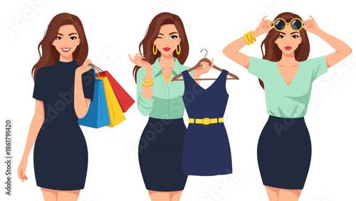 Stylish women vector illustration of fashion and shopping, a vibrant visual representation of modern style and retail therapy