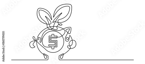 Continuous line drawing of piggy bank with plant money saving minimalist vector illustration