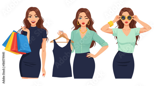 Vector illustration of a woman shopping and holding clothes, graphic design elements for fashion and lifestyle