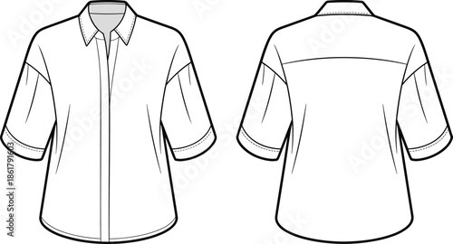 Short sleeve men shirt technical flat vector illustration, front back view casual apparel CAD drawing fashion design template outline