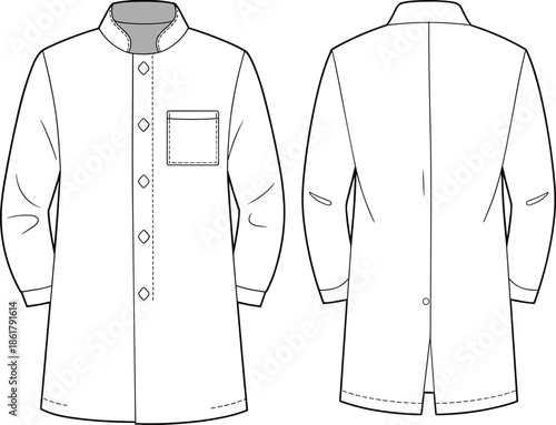 Men long kurta technical flat vector illustration front and back view cad drawing apparel design template fashion garment specification