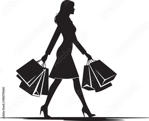 Shopping Woman Silhouette Walking in City with Shopping Bags