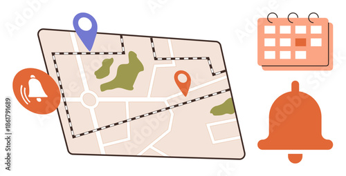 Map layout with location pins and park details, illustrated with bell and calendar icons. Ideal for scheduling, navigation, location tracking, reminders, planning, logistics, simple flat metaphor