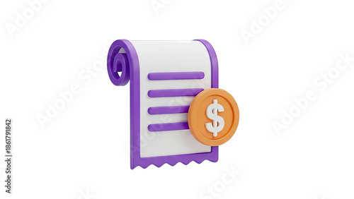 3D Icon: Receipt with Dollar Coin