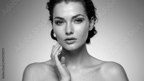 A black and white portrait of a woman looking at the viewer. One hand touches the neck