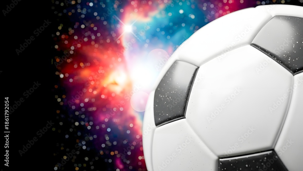 Naklejka premium Soccer ball in front of colorful space background