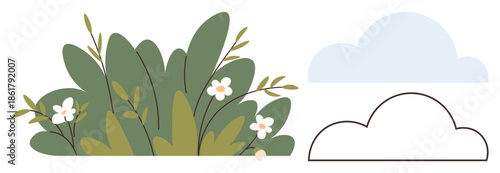 Foliage with delicate white flowers surrounded by two clouds, one outlined and one filled. Ideal for nature, ecology, spring, outdoor themes, gardening, serenity simplicity. Flat metaphor
