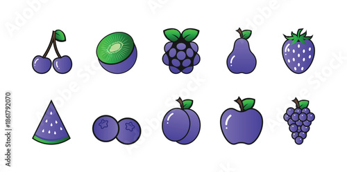 Colorful vector collection of fruits in green and purple tones, including grapes, kiwi, figs, plums, and more. Perfect for food illustrations, packaging designs, healthy lifestyle graphics, 