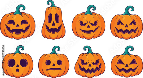 Halloween pumpkin character illustration set featuring cute and scary jack o lantern faces, colorful cartoon vector designs isolated on white