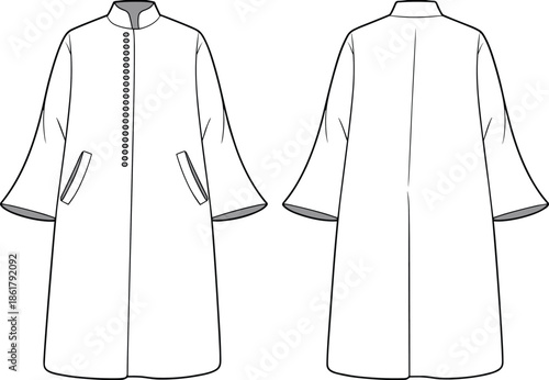 Women button front long coat technical flat vector illustration front and back view cad drawing apparel design template fashion garment specification