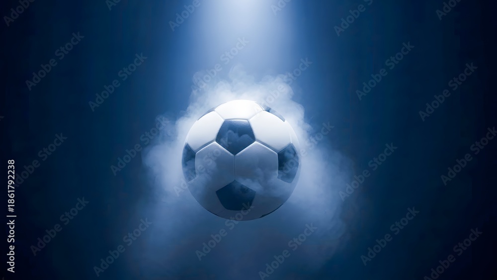 Naklejka premium Soccer ball floating in mist with spotlight from above