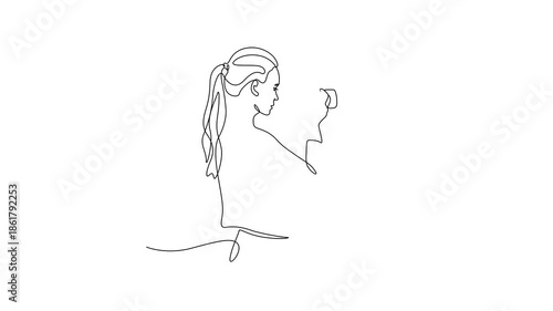 Continuous line female character taking a photo animation. 
