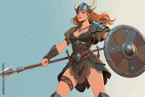 Viking inspired female warrior with horned helmet, shield, and spear standing confidently in fantasy setting.