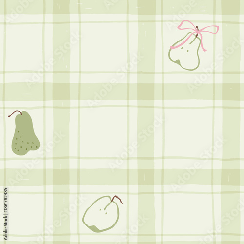 Seamless Hand-Drawn Sage Green Plaid Pattern with Pears and Pink Bows in Cute Cottagecore Vector