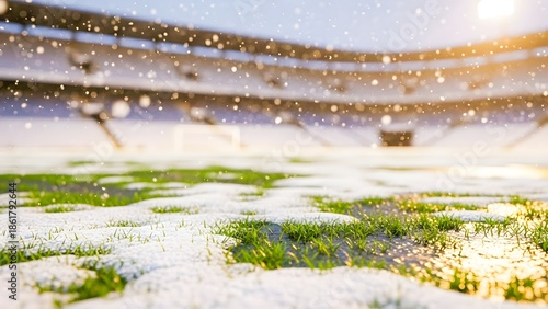 Snowy Soccer Stadium Field with Falling Snow