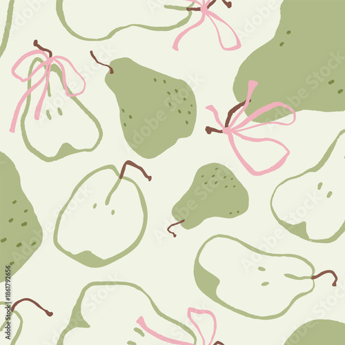 Seamless Hand-Drawn Green Pears Pattern with Pink Bows and Ribbons in Cute Coquette Vector