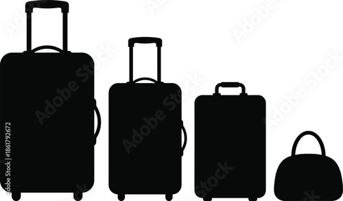 Travel luggage silhouette set featuring suitcase sizes and handbag, black vector icons for journey, vacation, airport, and transportation concepts