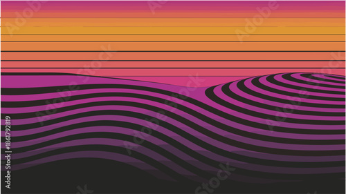 Retro synthwave landscape with purple mountains and striped sunset background vector