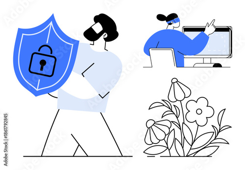 Cybersecurity, data privacy, digital technology, digital workspaces, secure data handling, personal protection. A person holding a shield, individual pointing at a monitor, flowers in line art