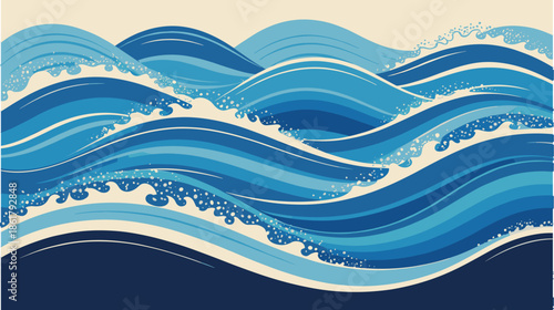 Stylized blue ocean waves with white sea foam in traditional japanese woodblock style