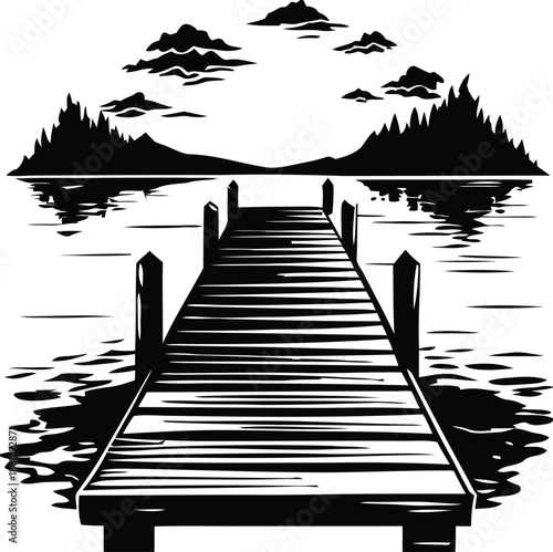 Pier leading to distant mountains and cloudy sky dock