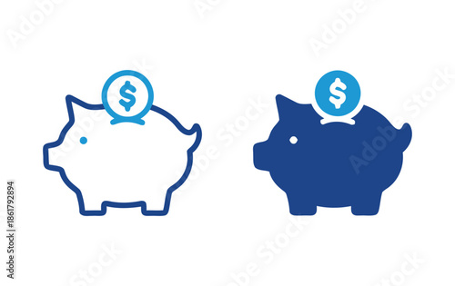 Piggy bank vector icon set with dollar coin save earn profit deposit money