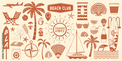 A collection of summer themed illustrations beach club palm trees and seaside items