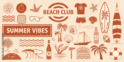 A collection of summer themed illustrations including beach essentials and tropical motifs