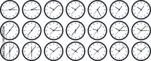 Black and white clocks showing different times in a grid pattern