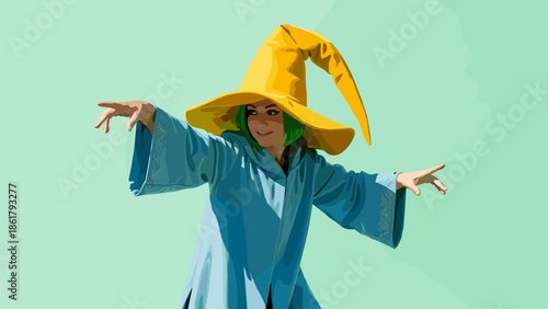 Whimsical Wizard - A Woman in Costume with a Pointed Hat.