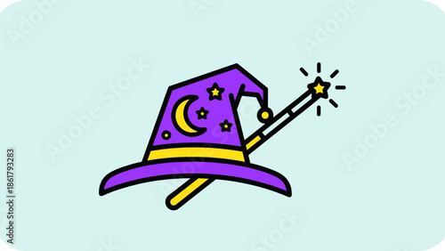 Whimsical Wizard Hat and Magic Wand Illustration.