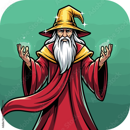 Wise old wizard casting magical spells with glowing hands.