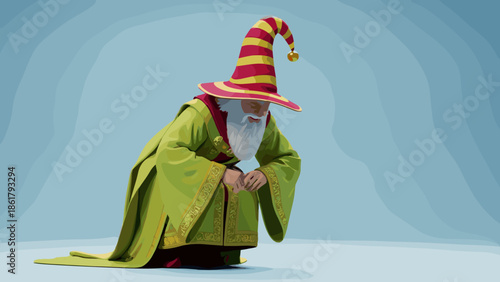 Whimsical Wizard with Striped Hat and Green Robe Bowing.