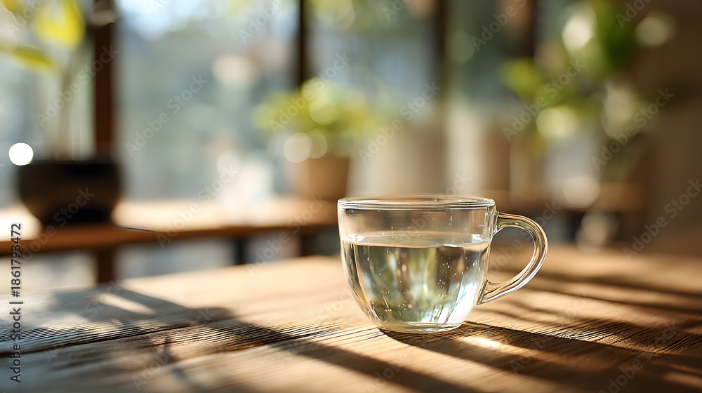 Obraz premium Glass cup of water on wooden table in sunlit cafe setting