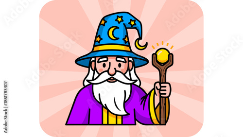 Wise wizard with a long white beard holding a glowing orb staff.