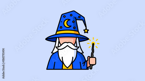 Wise wizard with a long white beard and magic wand casting spells.