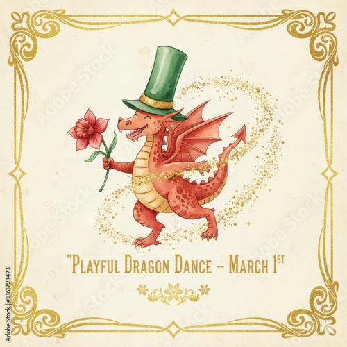 Celebrate St Davids Day with a lively dragon dance featuring a dragon in a top hat holding a flower on March 1st Generative AI